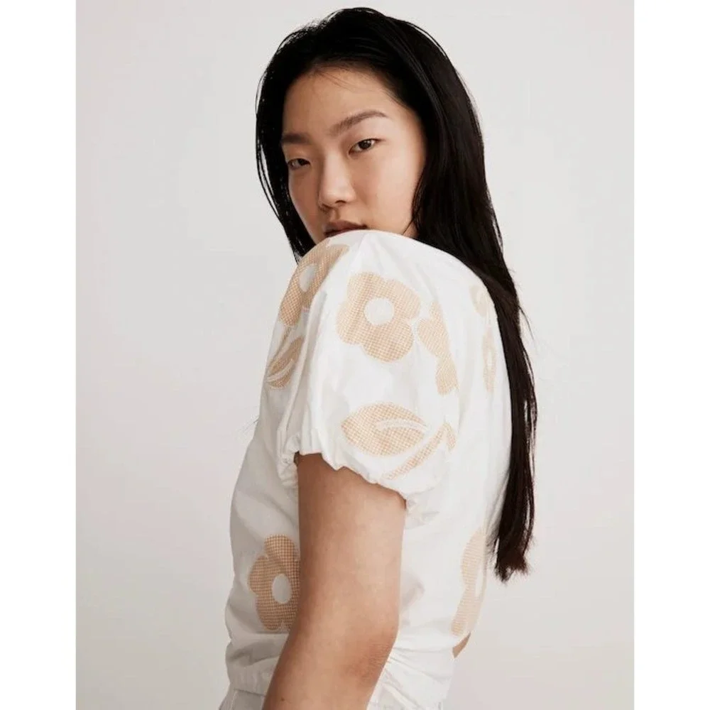 Madewell White Embroidered Flower Poplin Puff Sleeve Cutout Crop top Size Medium